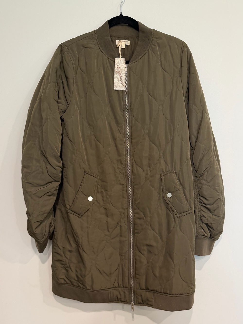 Mystree Quilted Long Bomber Jacket Olive Green Size Medium NWT